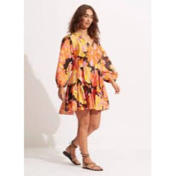 Seafolly Womens Floral Long Sleeve Palm Spring Tier Swing Dress Black S/M NWT - Picture 3 of 16